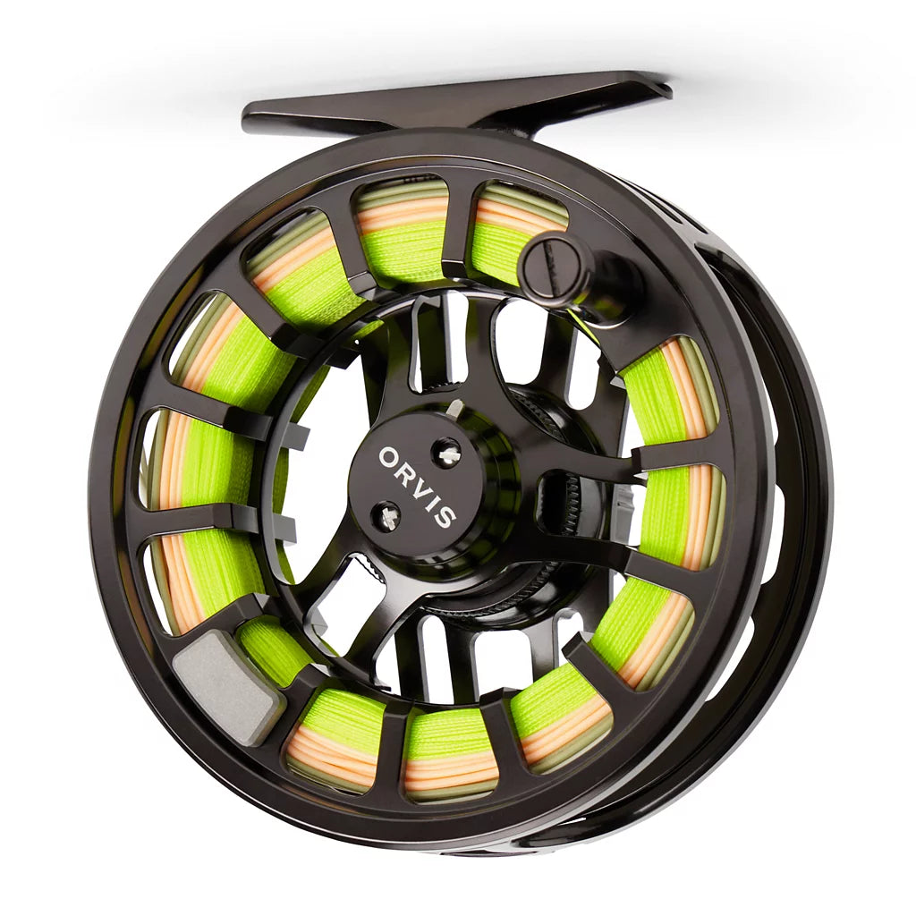 Orvis Hydros Fly Reel in black with bright green and orange fly line spooled, featuring a lightweight, ventilated design for smooth casting and durability.