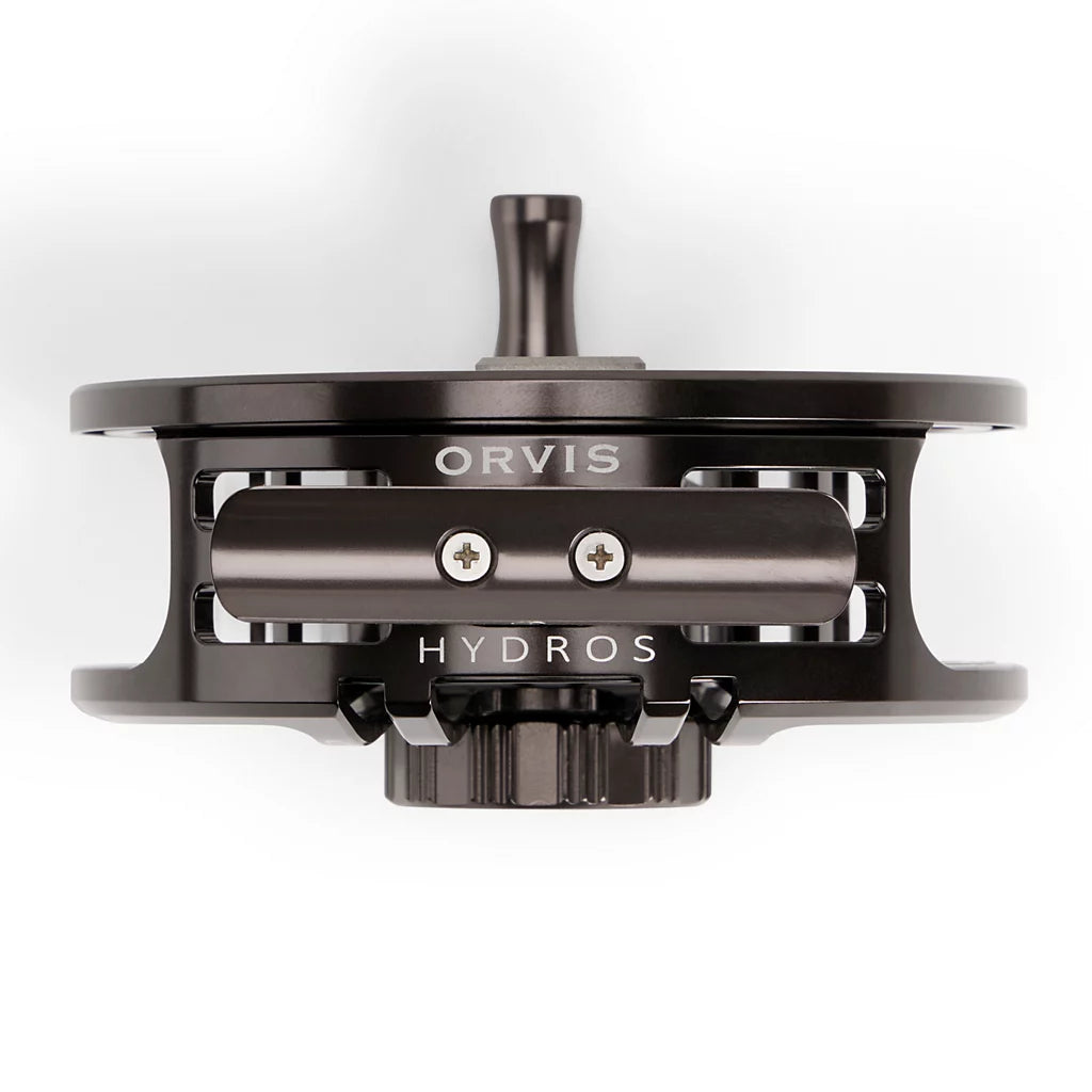 Orvis Hydros Fly Reel shown from the front, featuring a sleek black finish with visible handle and engraved brand name, designed for fly fishing enthusiasts.
