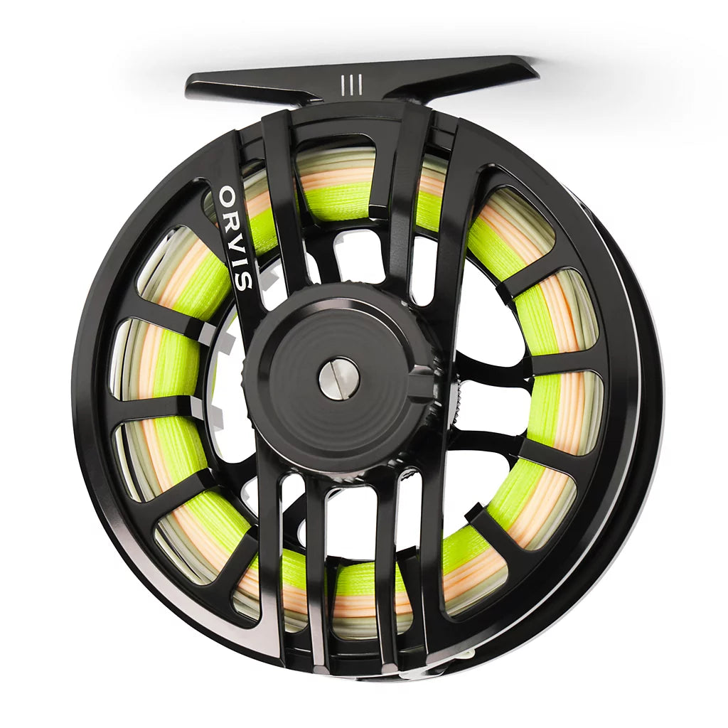 Orvis Hydros Fly Reel in black with bright green and beige fly line, designed for smooth performance in fly fishing tackle and reels.