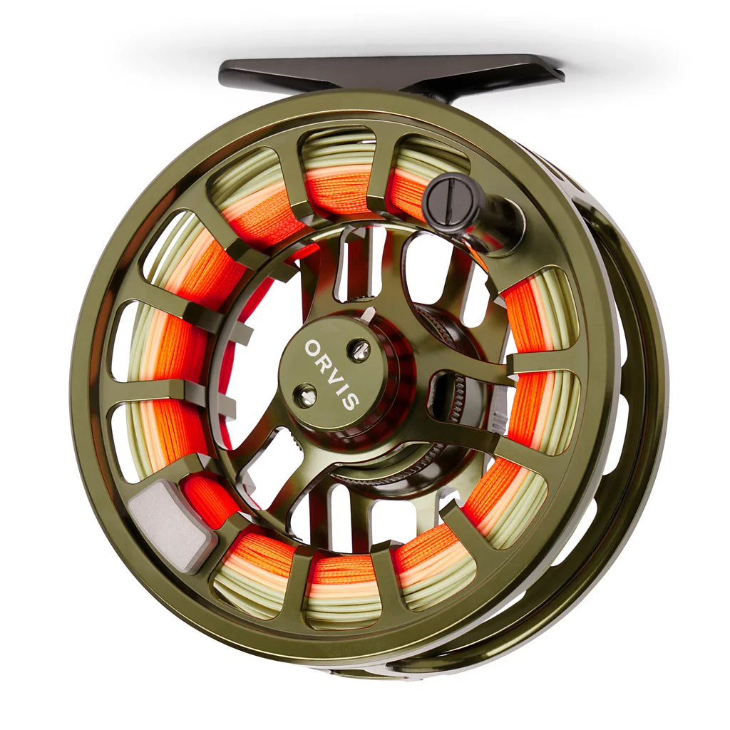 Orvis Hydros Fly Reel in olive green with bright orange and cream fly line, featuring a lightweight, ventilated spool design and ergonomic handle for fly fishing.