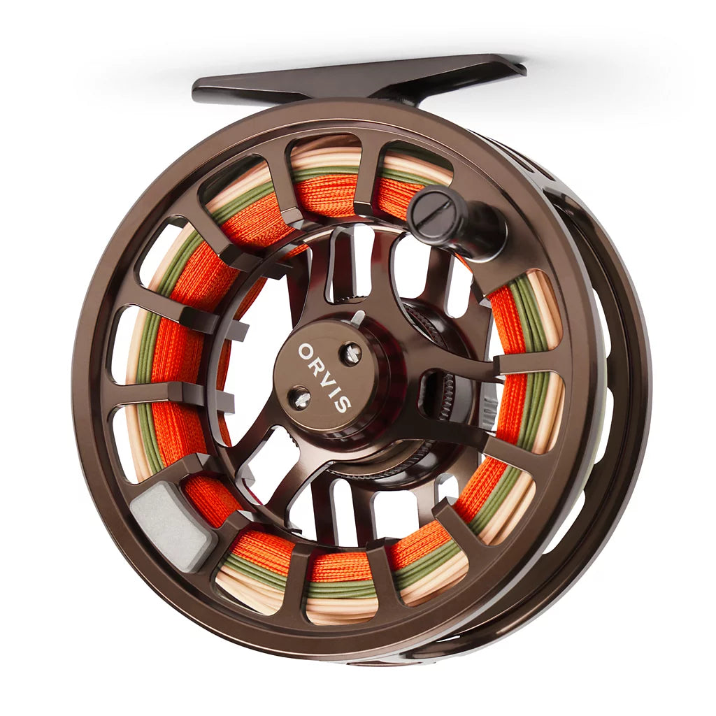 Orvis Hydros Fly Reel in dark metallic finish, featuring a large arbor design with braided multicolor fishing line threaded around the spool.