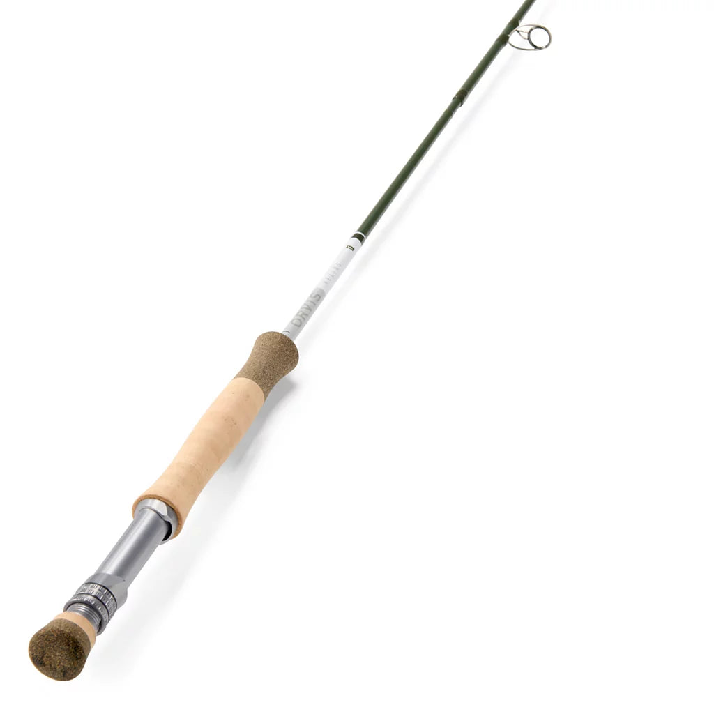 Orvis Helios F Fly Rod with green blank, cork handle, and metal reel seat designed for precision fly fishing and enhanced fishing tackle performance.