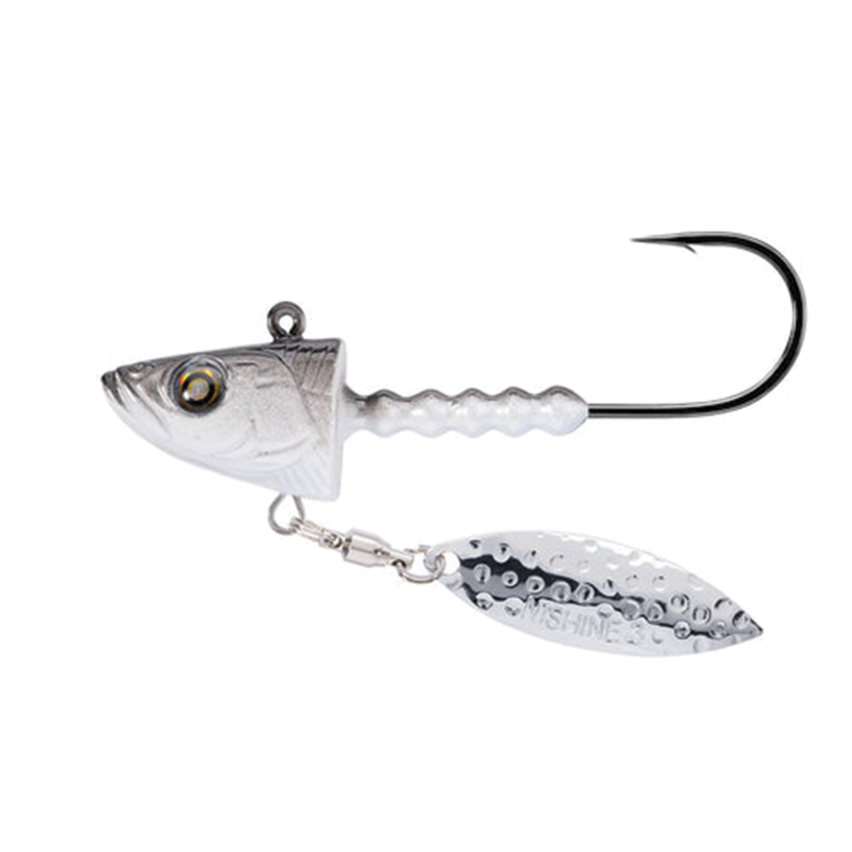 Daiwa Smelthead DX silver musky fishing lure with a fish head jig design oversized hook and reflective spinner blade for freshwater fishing tackle