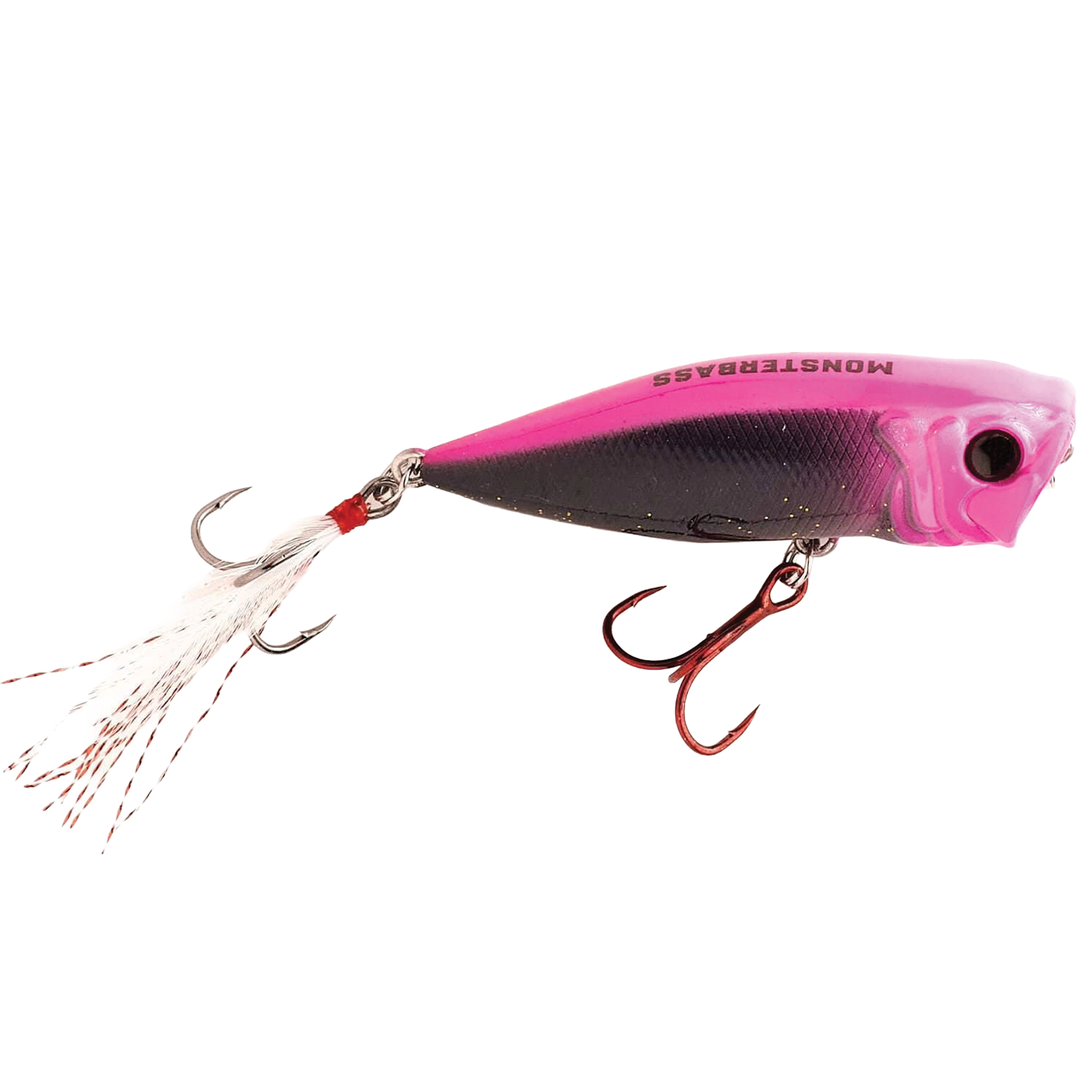 Monsterbass Mad Max fishing lure in pink and black with two treble hooks, designed for freshwater musky fishing and enhanced with feathered tail for added attraction.