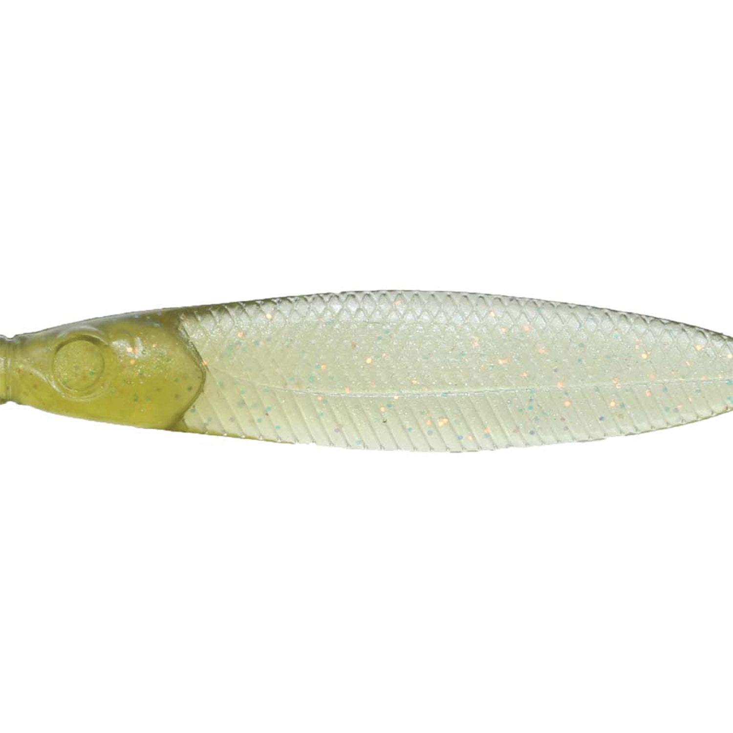 Issei Liar Minnow Flat Sakana Sakana soft fishing lure in translucent green with glitter details, designed for attracting fish in freshwater fishing tackle.