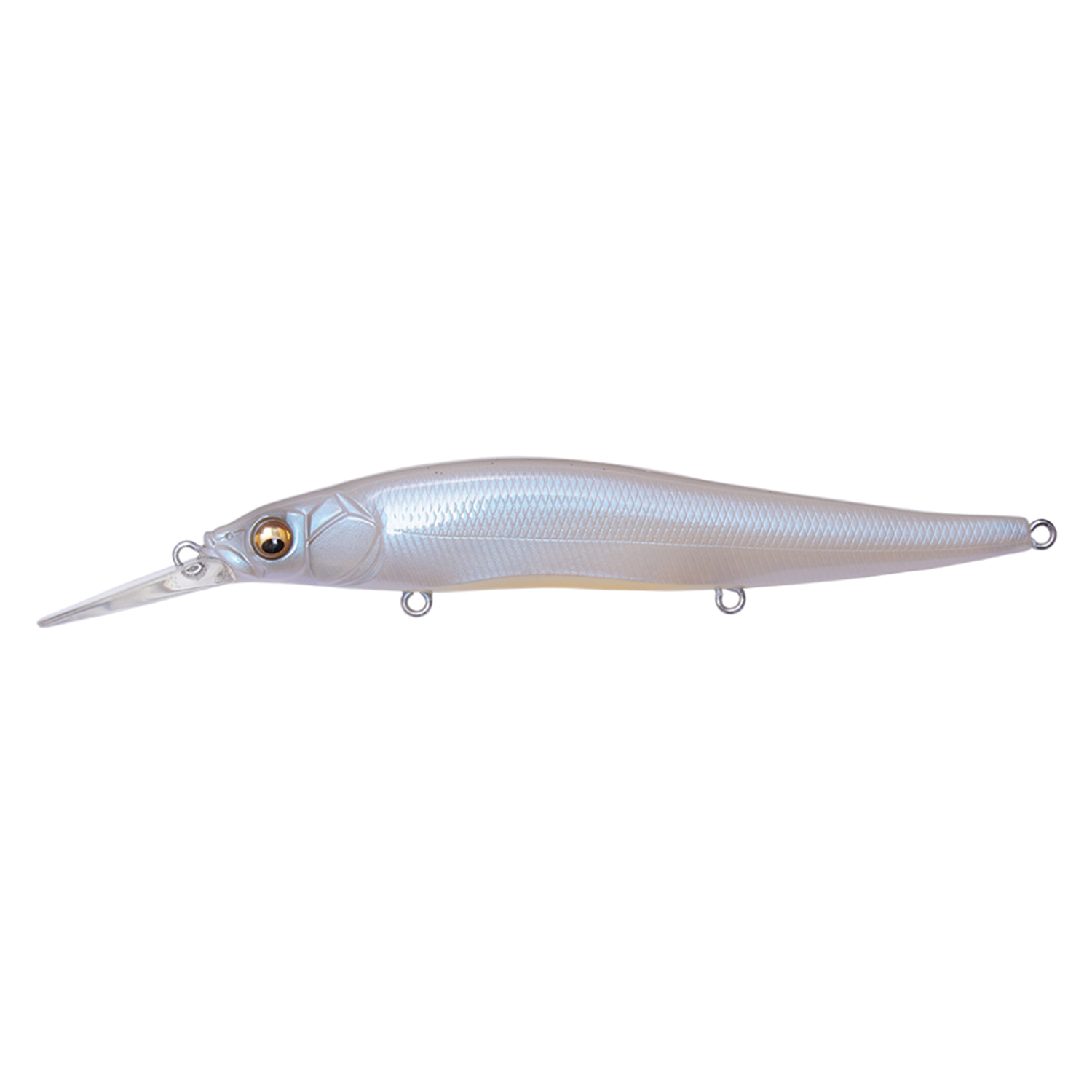 Megabass Vision 110+1 fishing lure in pearlescent white with detailed scale texture, lifelike eyes, and a long diving lip for deep water fishing.