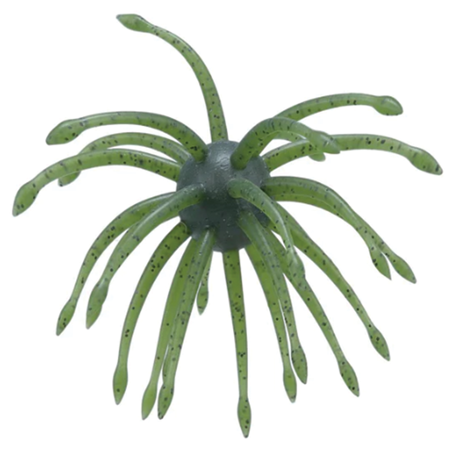 Yamamoto Uni Mas soft plastic fishing lure in green with multiple flexible tentacle-like appendages designed for lifelike movement in water.