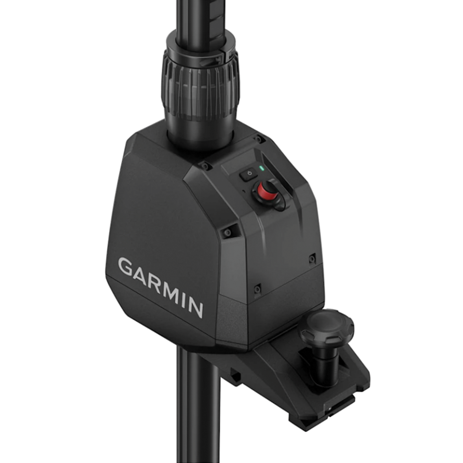 Close-up of a black Garmin Spy Pole Motorized Pole Mounts unit attached to a vertical pole, featuring a power switch, control knob, and secure mounting hardware designed for fishing tackle and marine electronics use.