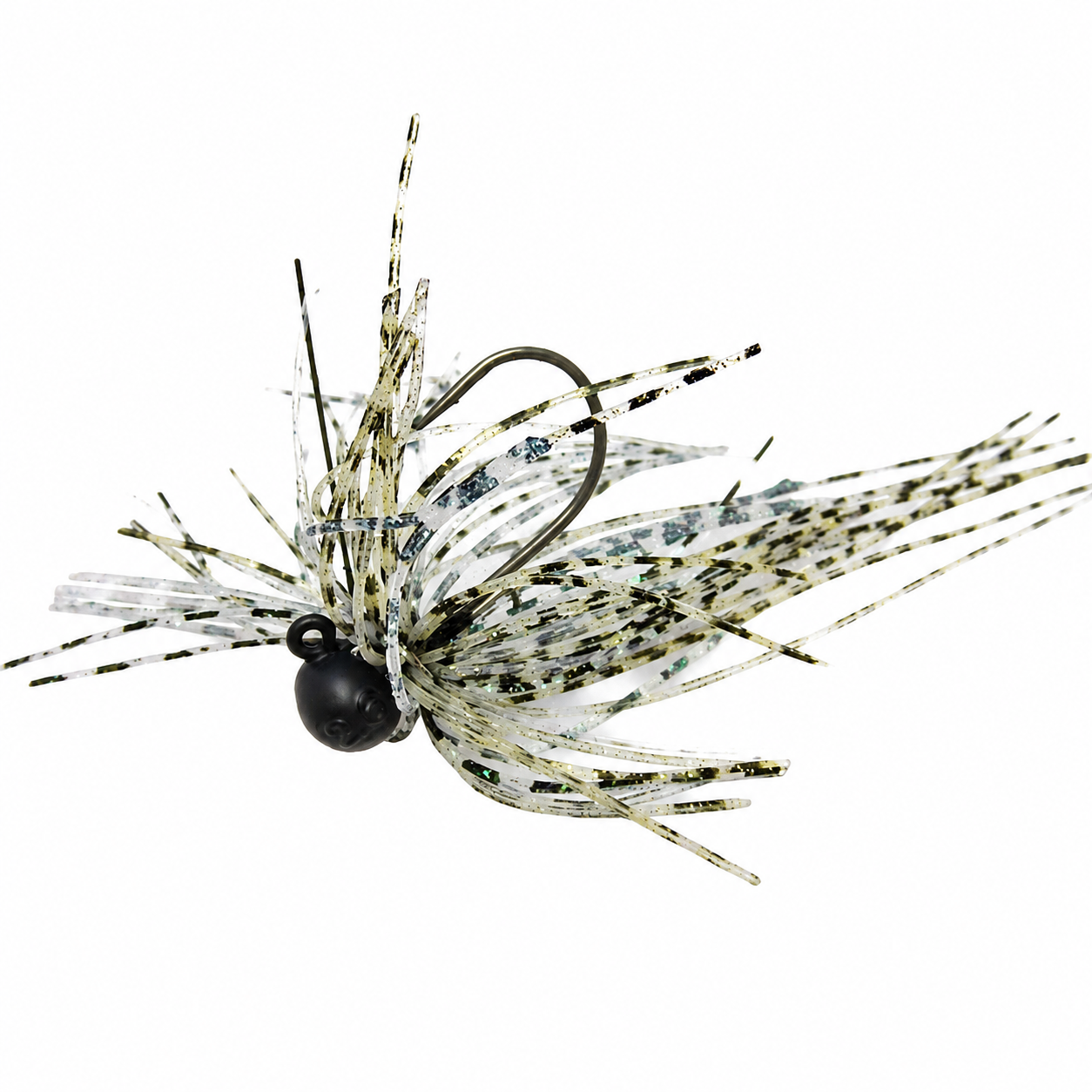 Issei Bibibi Shot fishing lure with a black weighted head and translucent speckled skirt designed for musky fishing tackle.