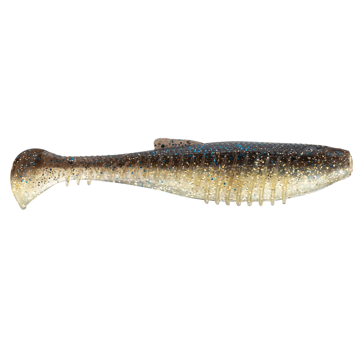 Z-Man Octane Minnowz fishing lure in a translucent brown and beige color with blue and gold flecks, featuring a paddle tail and gripping ribs for realistic movement.