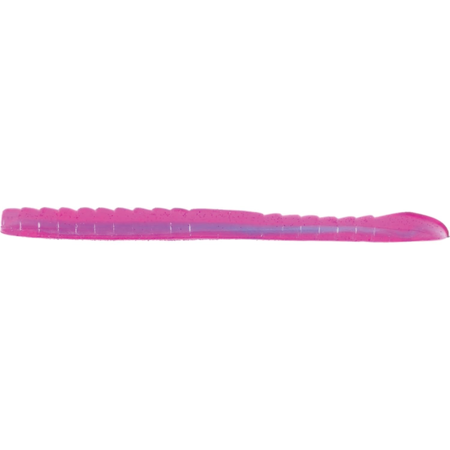Missile Baits & Roboworm 4" Mini Magic Worm in bright pink with a segmented body and tapered tail, designed for fishing tackle to attract muskies and other game fish.