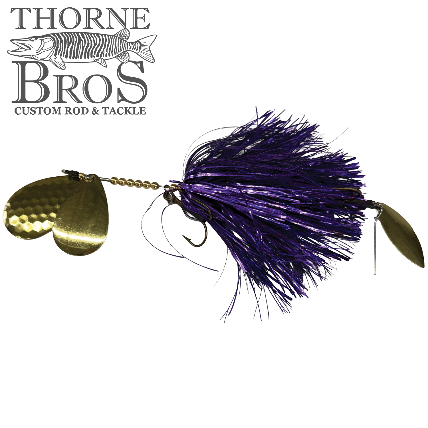 Hunsy Tails 9/10 Banger fishing lure with purple and black skirt, featuring two hammered gold spinner blades and a single hook, designed for musky fishing.