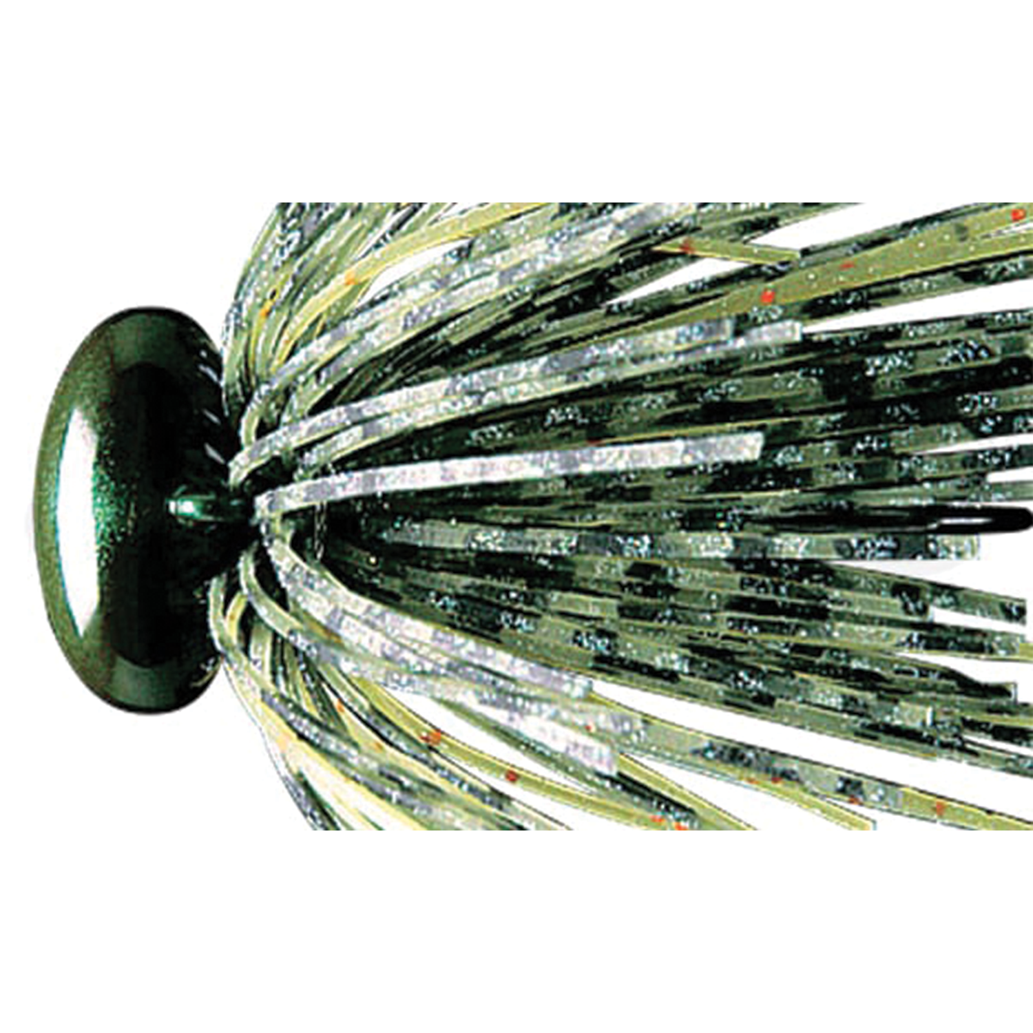 Deps Head Lock Jig fishing lure with a shiny, multi-strand skirt in green and silver tones designed for attracting musky and other freshwater game fish.