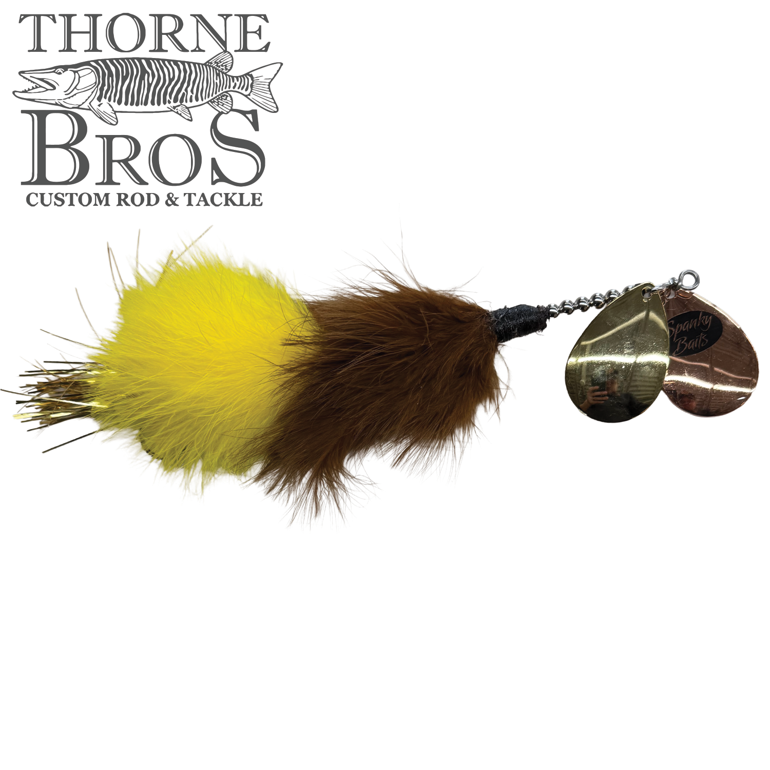 Spanky Baits Raven fishing lure featuring yellow and brown feathered body with dual shiny metallic spinner blades, designed for musky fishing and custom tackle use.