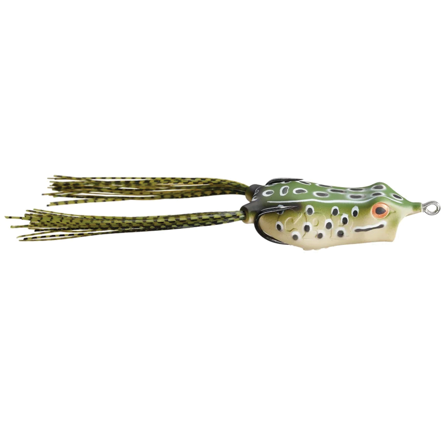 Copper Red Baits Loud Mouth Frog fishing lure designed to mimic a frog with a green and tan body, black spots, orange eyes, and long flexible legs for musky fishing.