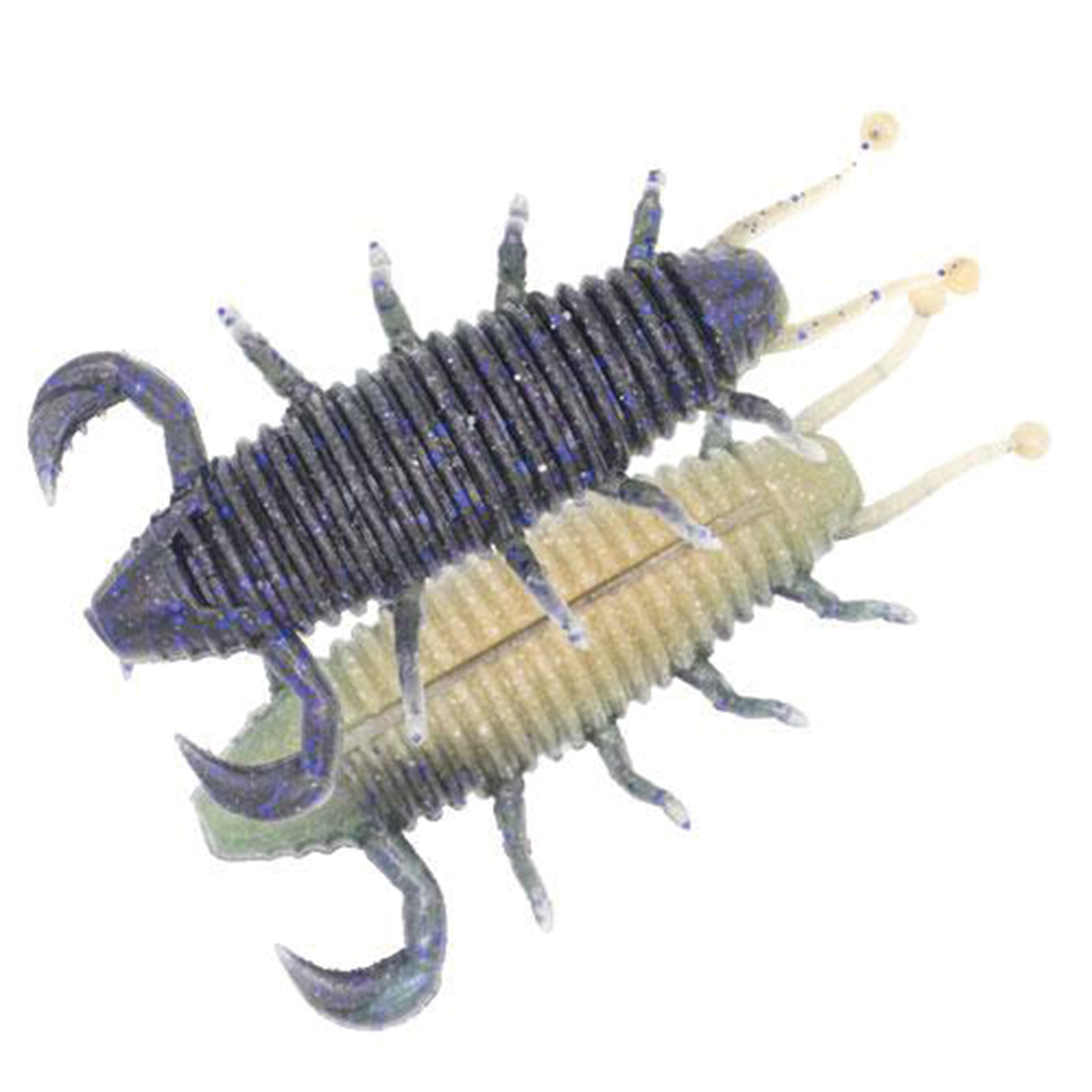 Two soft plastic articulated fishing lures resembling crawfish, one dark with blue flakes and one light tan, designed as Geecrack Bugpee Creature Bait for fishing tackle use.