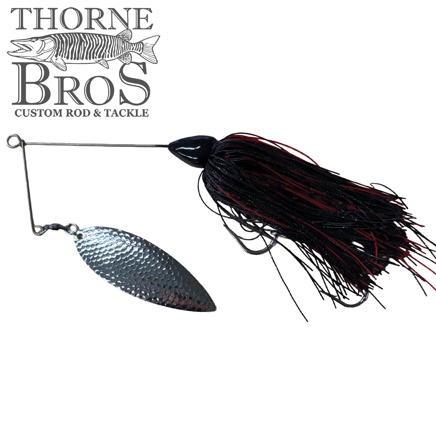 CJ'S Large Silicone (Willow Blade) fishing lure with a hammered silver willow blade, black and red silicone skirt, and wire frame, designed for musky fishing.