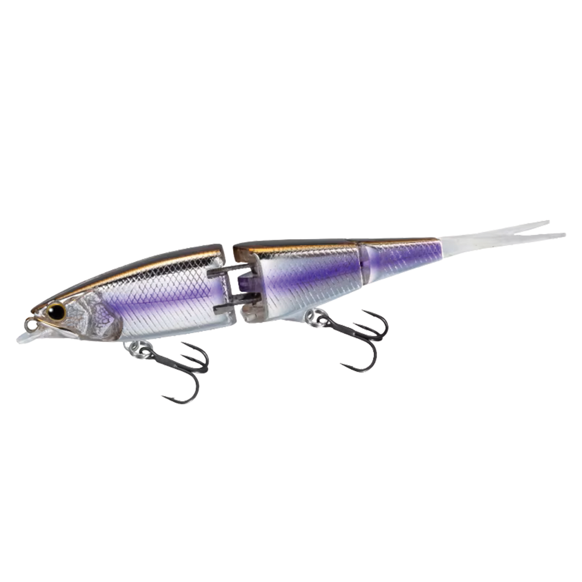 Shimano Facer 85+SF articulated fishing lure with a multi-segmented body in metallic purple and silver, featuring two sharp treble hooks for musky tackle and fishing lure enthusiasts.