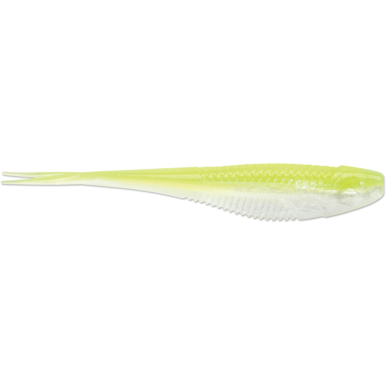 Rapala CrushCity The Jerk soft plastic fishing lure in translucent white and chartreuse green, designed for lifelike action in freshwater fishing tackle.