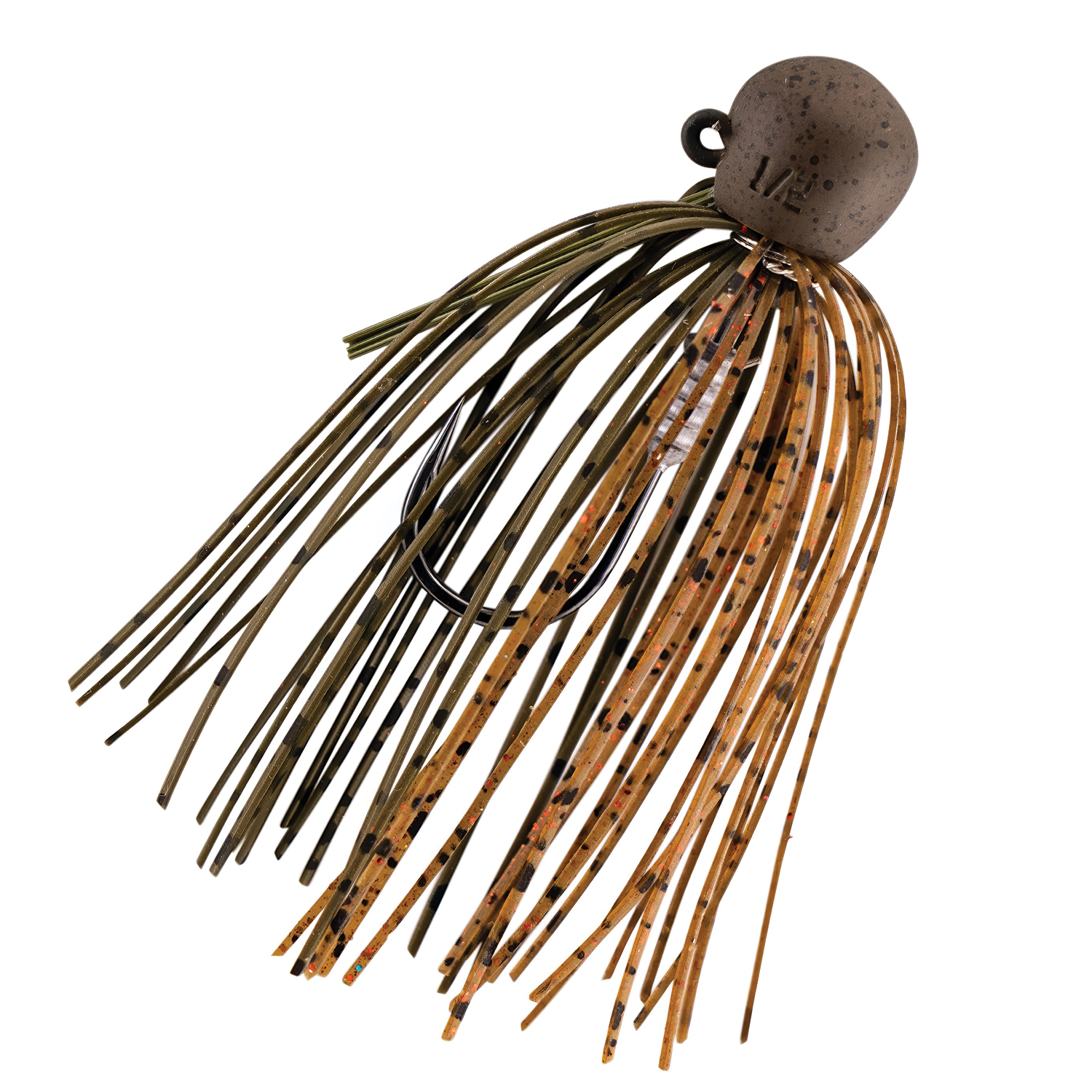 Z-Man TRD Finesse Jig fishing lure with a weighted head and multi-strand skirt in green and brown tones, designed for precision finesse fishing tackle.