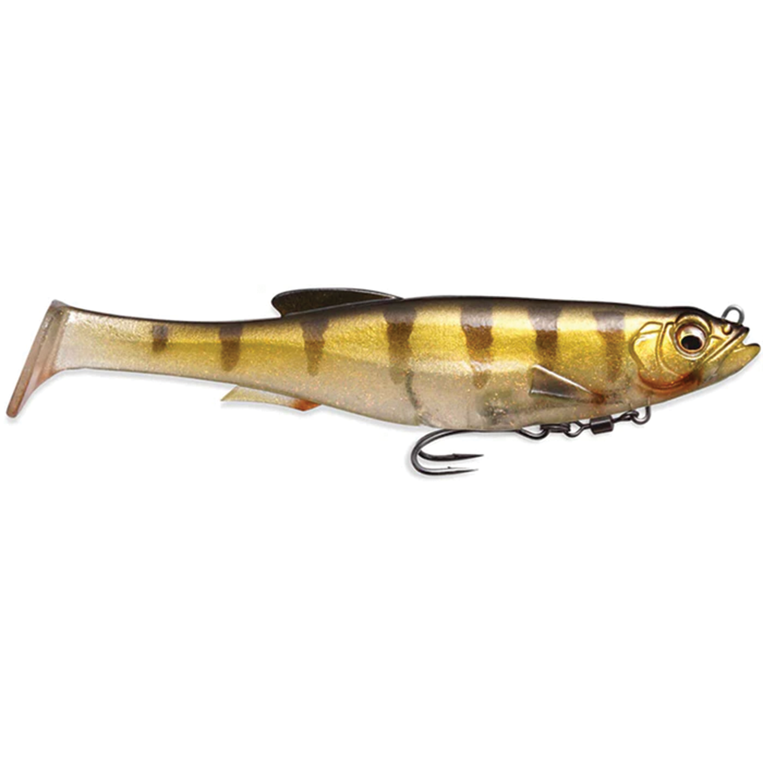 Megabass Magdraft soft plastic fishing lure in gold and brown striped pattern designed to mimic a small fish, featuring a realistic body shape and a treble hook for effective fishing tackle.