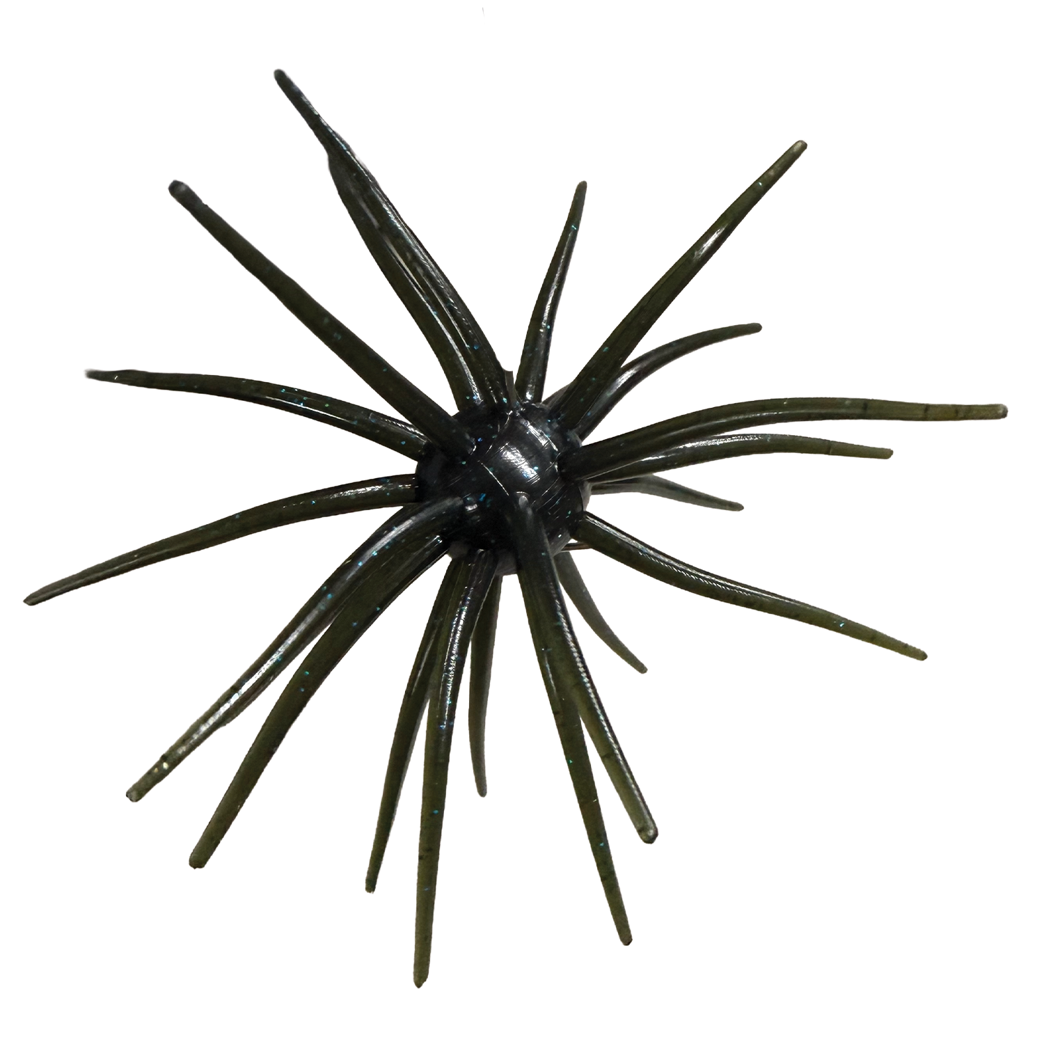 Randamu Lures Fuzzy Ballz fishing lure with multiple slender, flexible dark green appendages designed to mimic aquatic prey for attracting fish in fishing tackle.