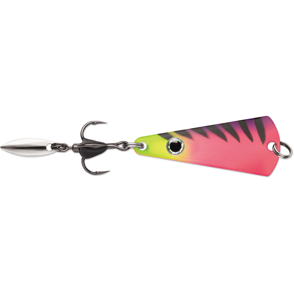 VMC Bladed Tingler Spoon colorful pink and chartreuse fishing lure with treble hook and silver spinner for musky fishing tackle