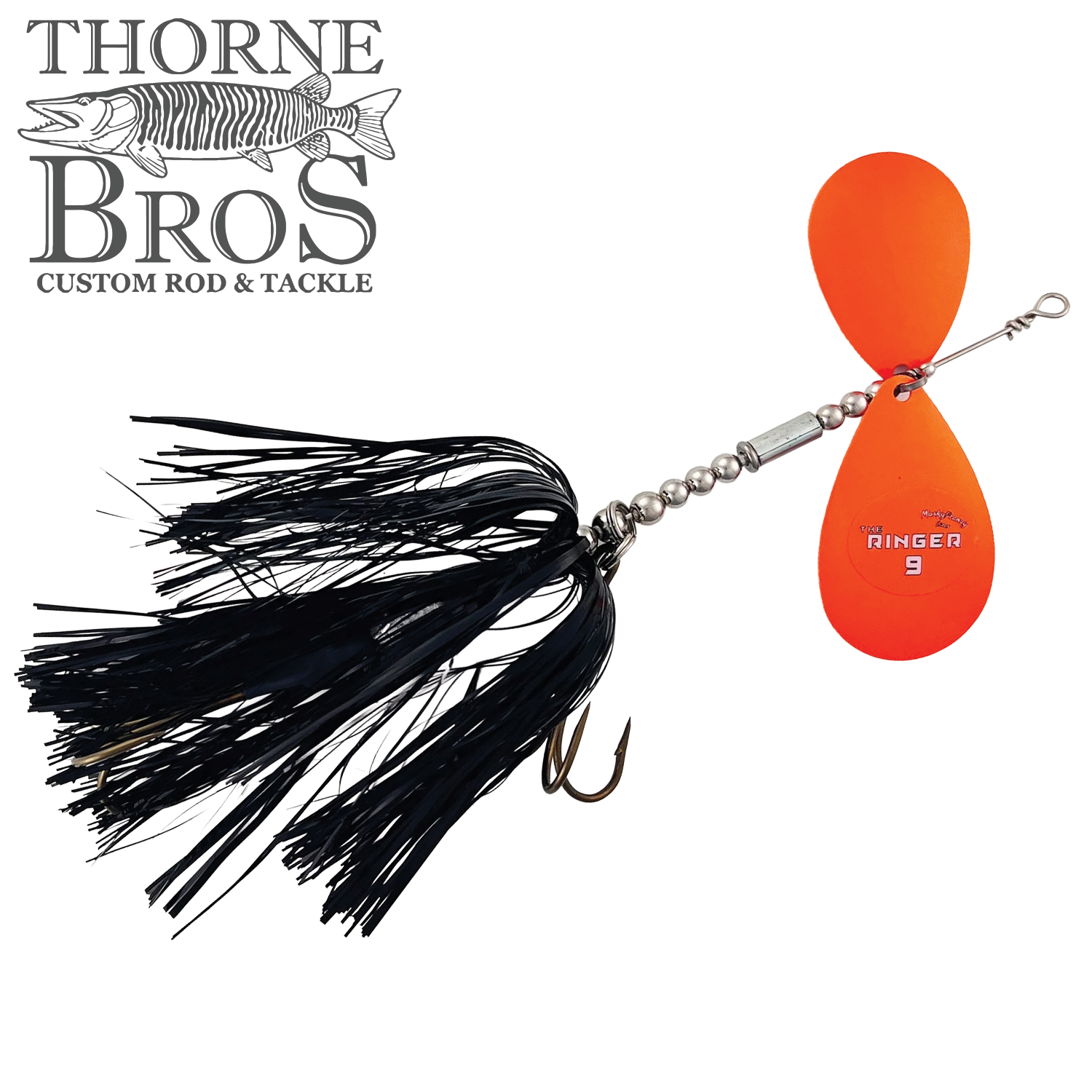Musky Frenzy The Ringer 9 fishing lure with black silicone skirt, silver beads, and vibrant orange double spinner blades, designed for musky fishing and fishing tackle enthusiasts.