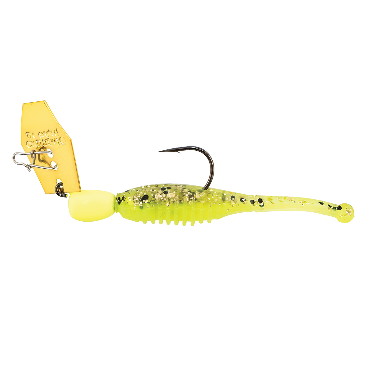 Z-Man Micro Finesse Chatterbait fishing lure with a gold-colored blade, lime green body with black speckles, and a sharp fishing hook designed for freshwater fishing tackle.