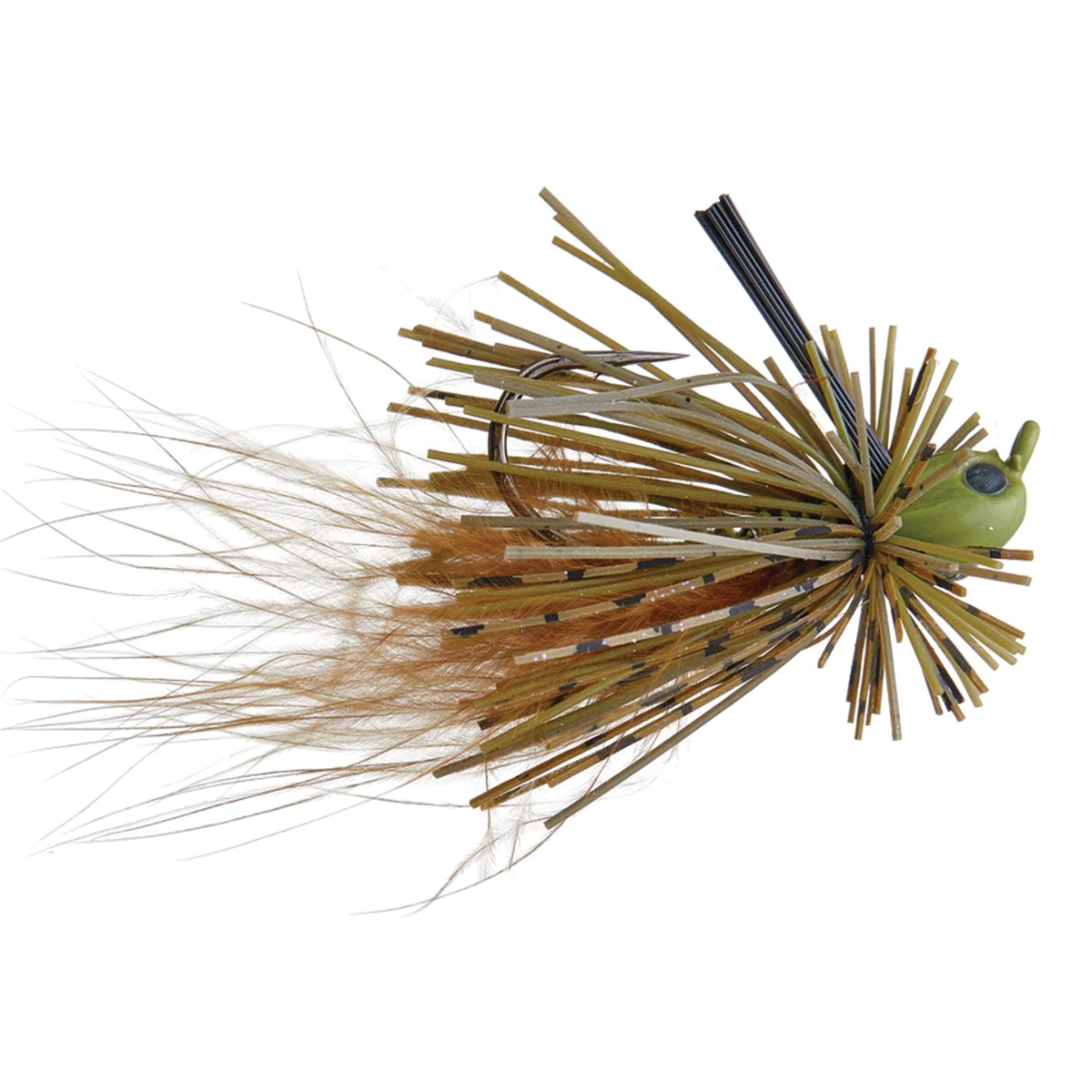 Beast Coast Hustler Hybrid Finesse Jig with green head brown rubber skirt and trailing fibers for fishing tackle and lure presentation