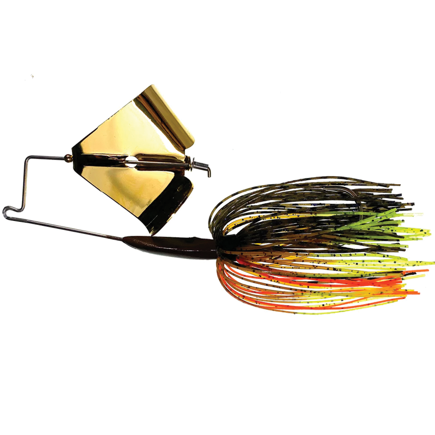Boogerman Buzzbait featuring a shiny gold metal blade and a multicolored skirt in shades of black, green, yellow, and orange designed for fishing lures and tackle.