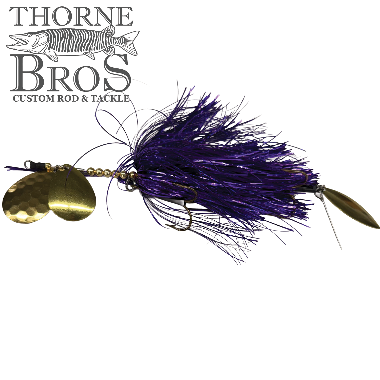 Hunsy Tails 7/8 XL Banger fishing lure featuring a purple feathered skirt, dual gold spinner blades, and a sharp fishing hook designed for musky fishing.