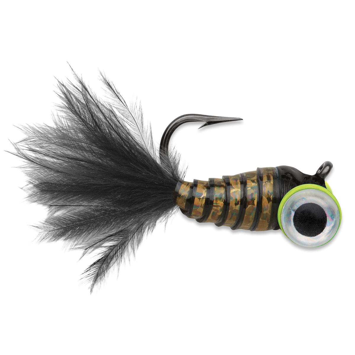 VMC Tungsten Gym Jig with black feather tail segmented body single hook and oversized realistic eye for fishing tackle and lure presentation
