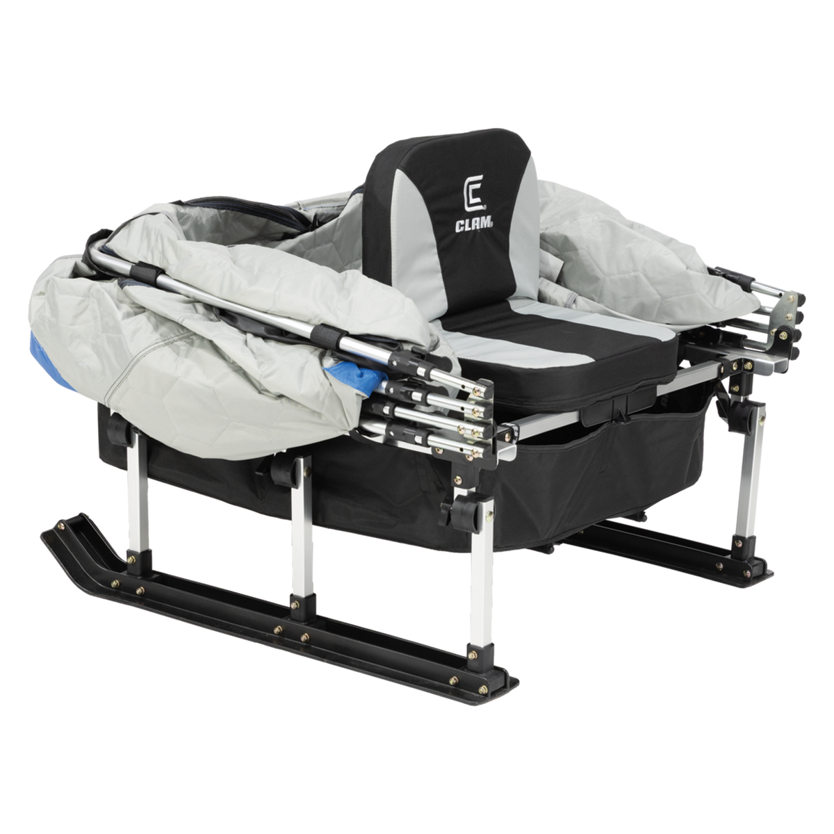 Clam PackTrap 1 portable ice fishing shelter with padded seat sled frame and insulated fabric wind panels