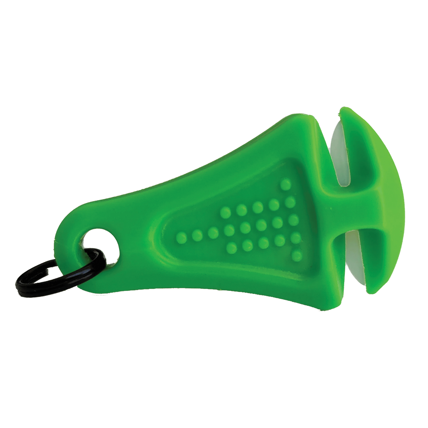 Green handheld tool with textured grip and metal ring, featuring a ceramic blade for cutting fishing line, designed as the Line Cutterz Zipper Pull (Ceramic Blade).