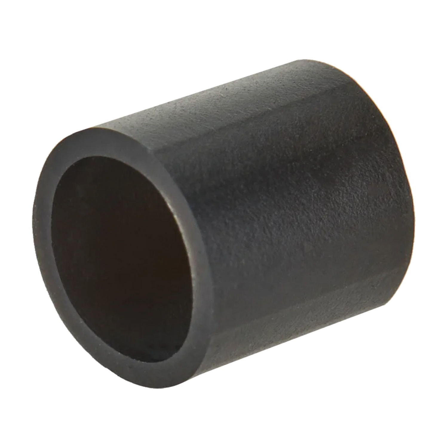 Black cylindrical rubber bushing on a white background