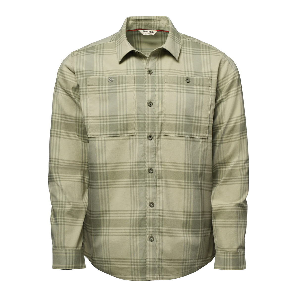 Simms Tailout Flannel - Men's olive plaid button-up shirt with long sleeves pointed collar chest pockets and curved hem displayed against a white background