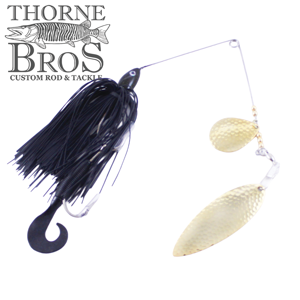 Ace Baits Small Spinnerbait black skirted fishing lure with a curled tail and two hammered silver blades shown with Thorne Bros branding for musky fishing