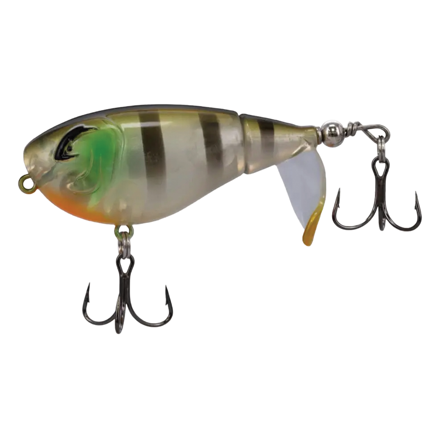 Bill Lewis Baby Bubbler 55 fishing lure with a green, silver, and orange body, two treble hooks, and a clear paddle tail for lifelike movement in water.
