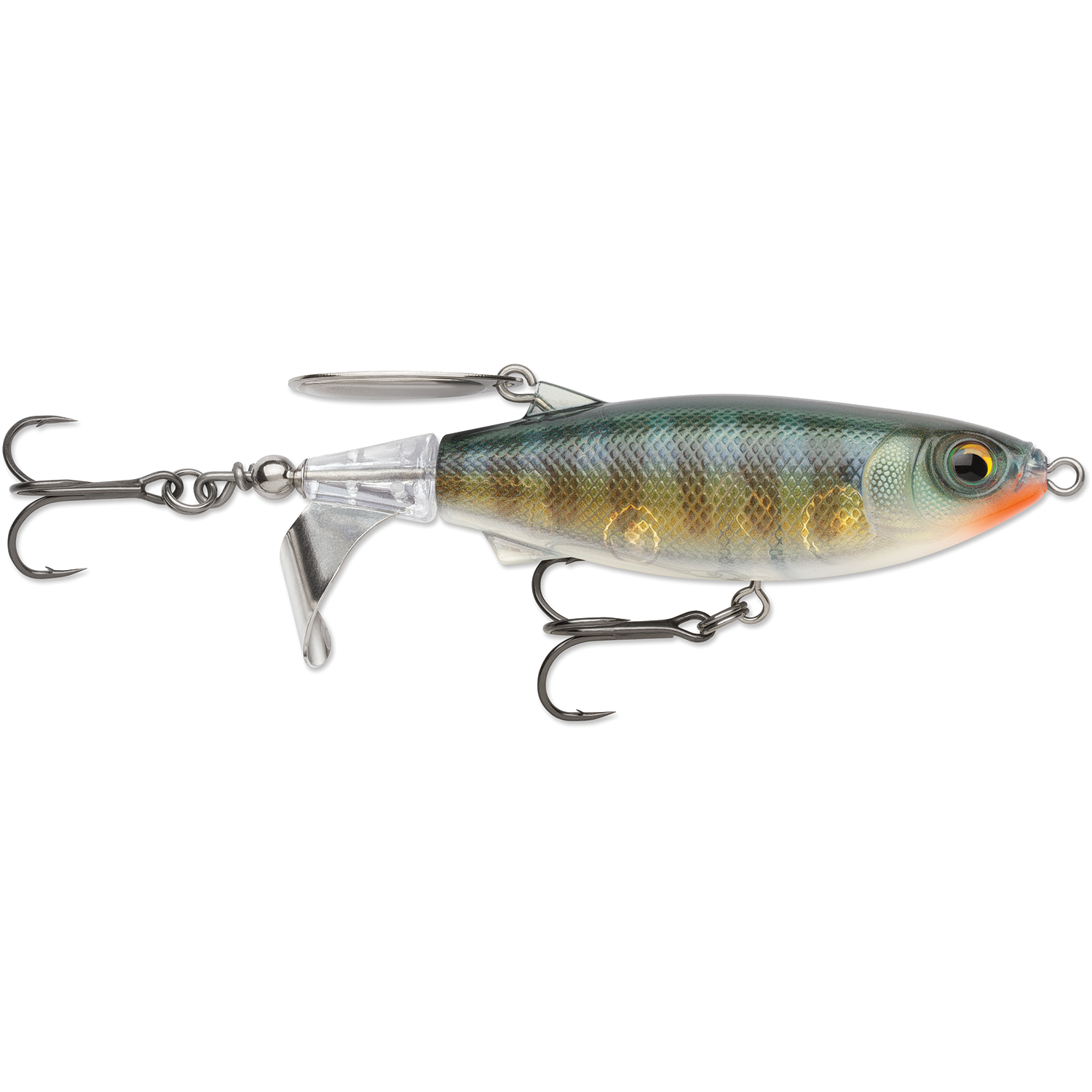 Rapala Claptail 110 fishing lure with realistic fish scale pattern, detailed eyes, two treble hooks, and a metal spinner blade for enhanced attraction.