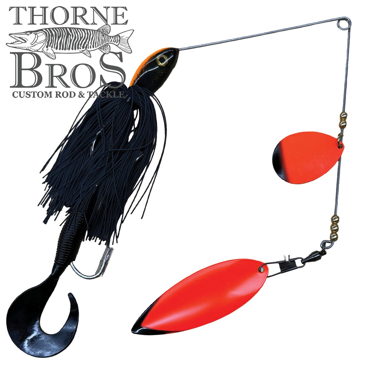 Ace Baits Monster Spinnerbait with a black skirt red spinner blades and a large hook for musky fishing
