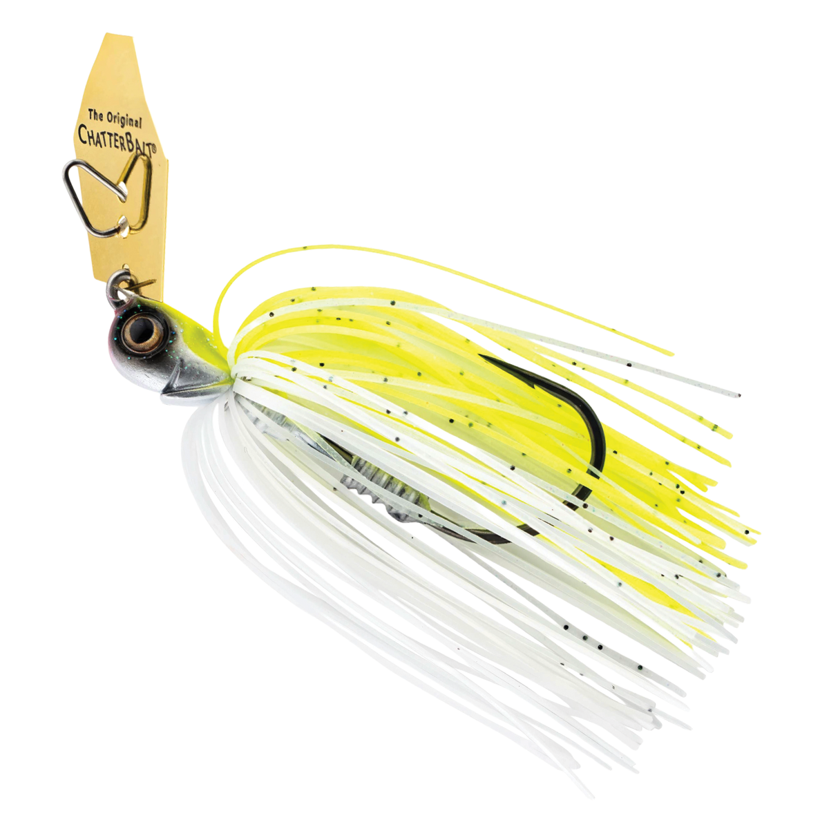Z-Man Chatterbait Elite Evo HD fishing lure with a yellow and white skirt, black speckles, and a metallic chatterbait blade designed for effective freshwater fishing tackle.