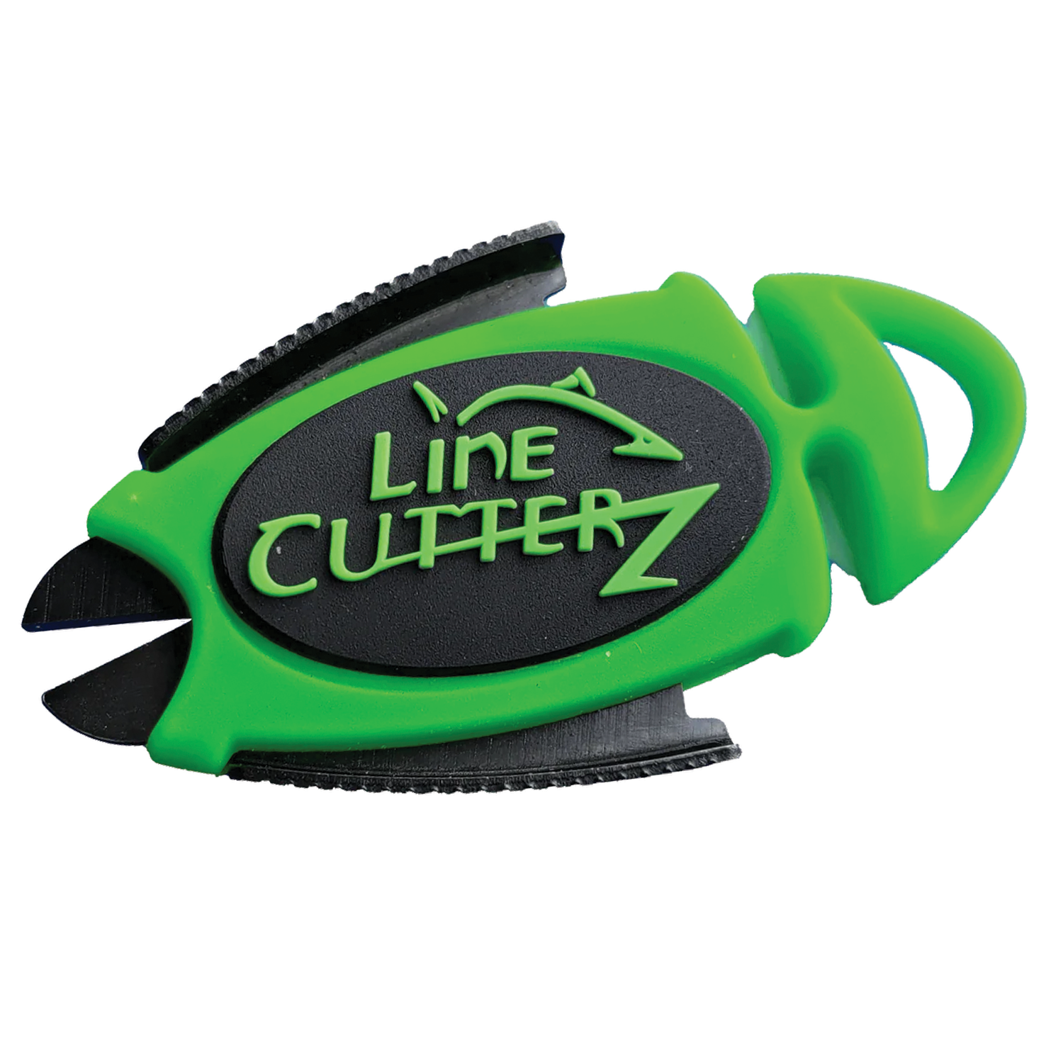 Line Cutterz Dual Hybrid Micro Scissors in green and black, compact fishing tackle tool designed for precise cutting of fishing lines with textured grip and integrated hook puller.