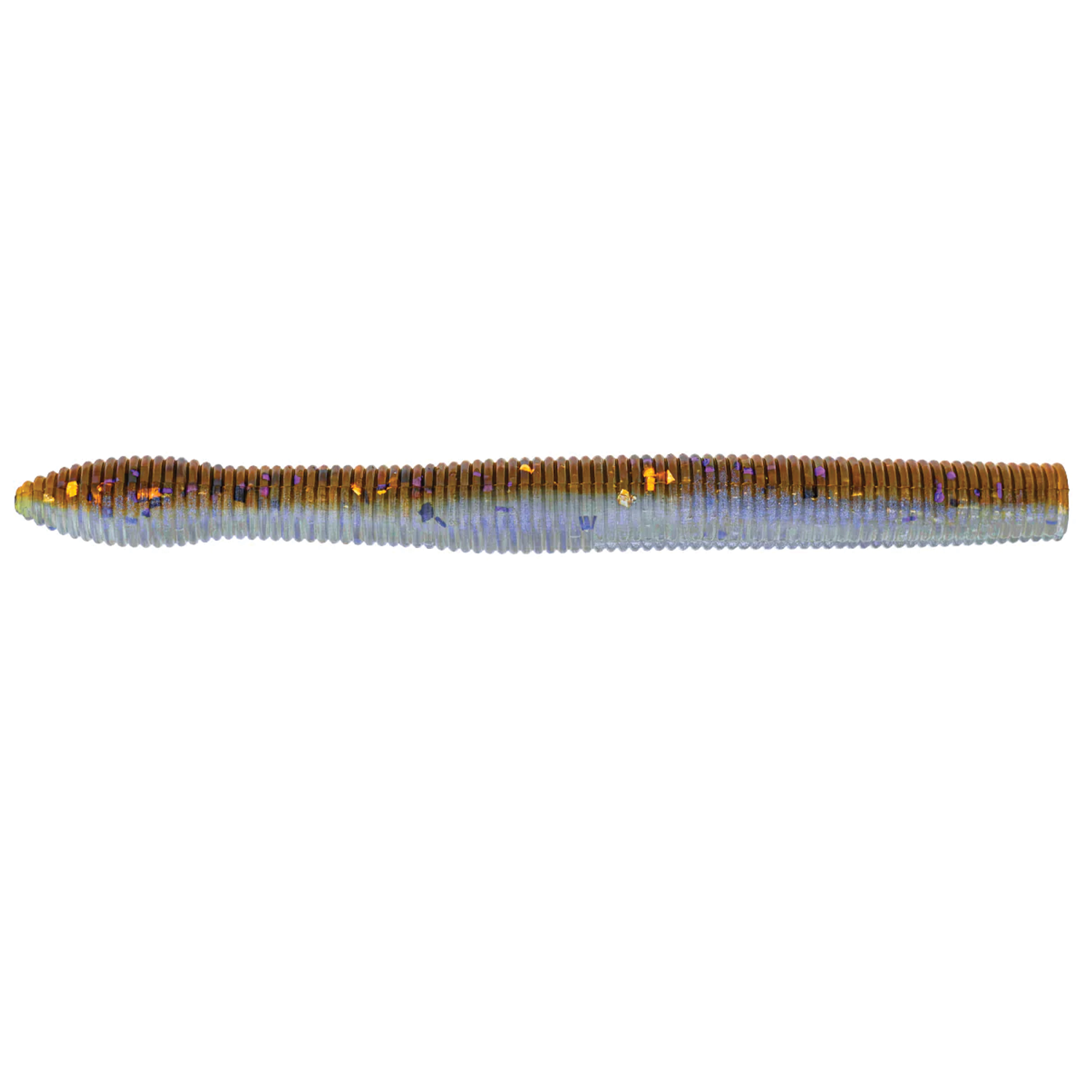 X-Zone Neko Ned Zone soft fishing lure in brown and blue hues with ribbed texture and flecks of orange and purple, designed for freshwater fishing tackle.