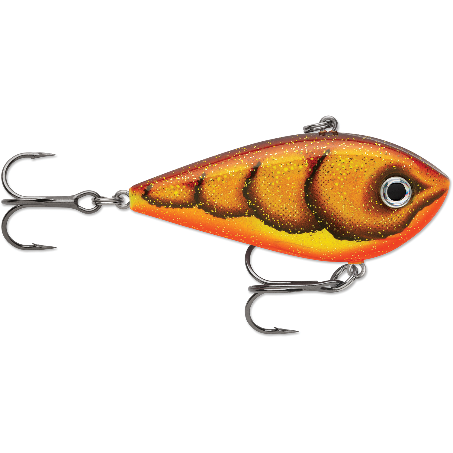 Rapala Snare Lipless Crankbait fishing lure in vibrant orange and yellow with realistic eyes, detailed scale pattern, and dual treble hooks for effective fishing tackle use.