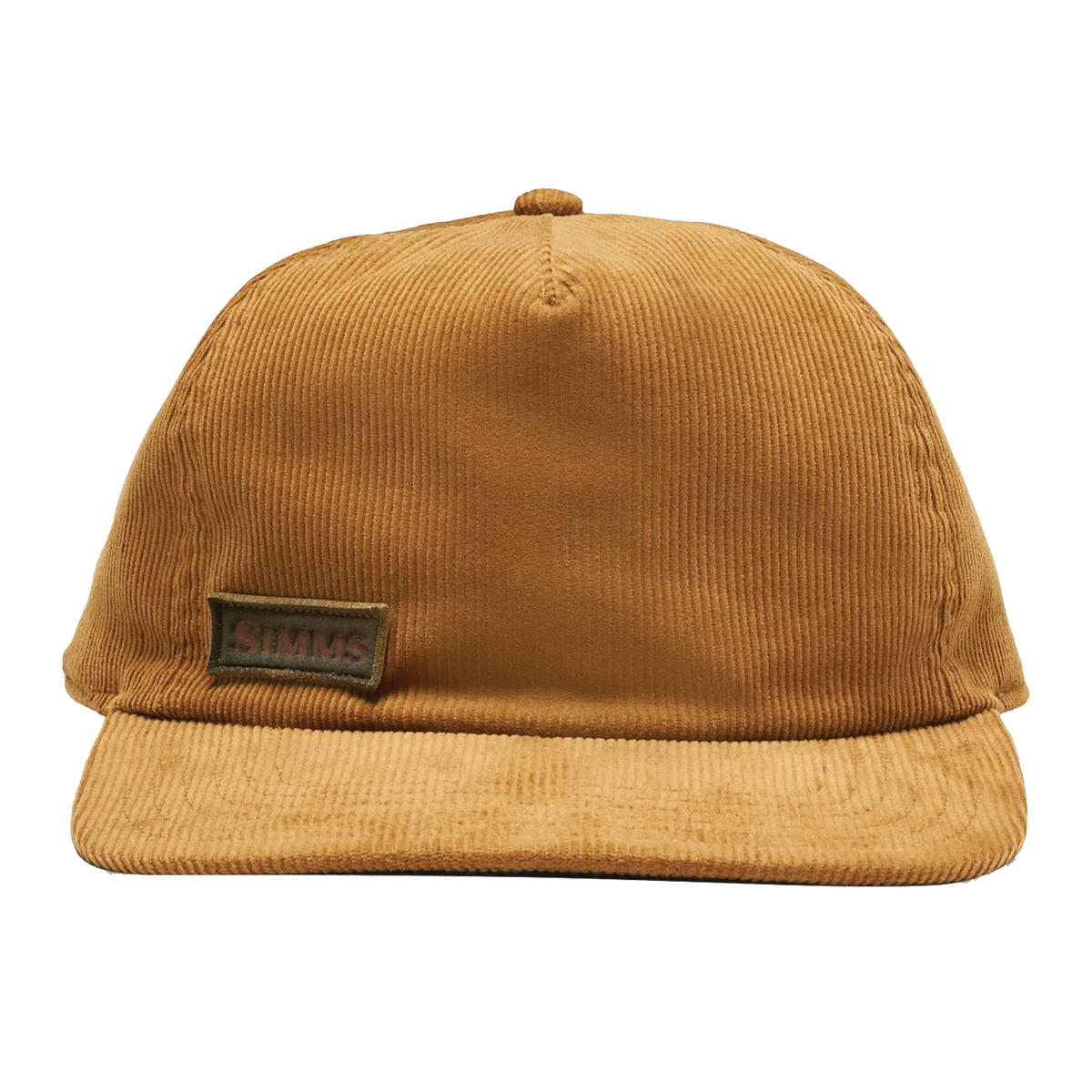 Simms Double Haul Corduroy Cap in tan with ribbed corduroy fabric curved brim and front logo patch displayed against a white background
