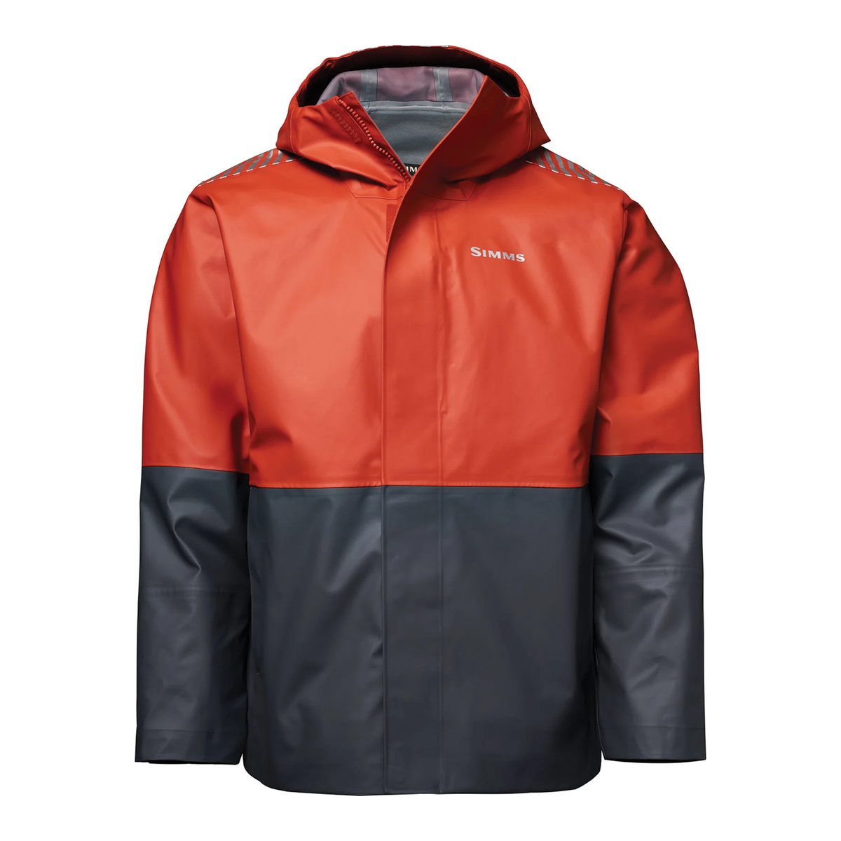 Simms Rip Line Pro Jacket - Men's red and charcoal waterproof jacket with hood long sleeves and full front coverage for fishing in wet conditions