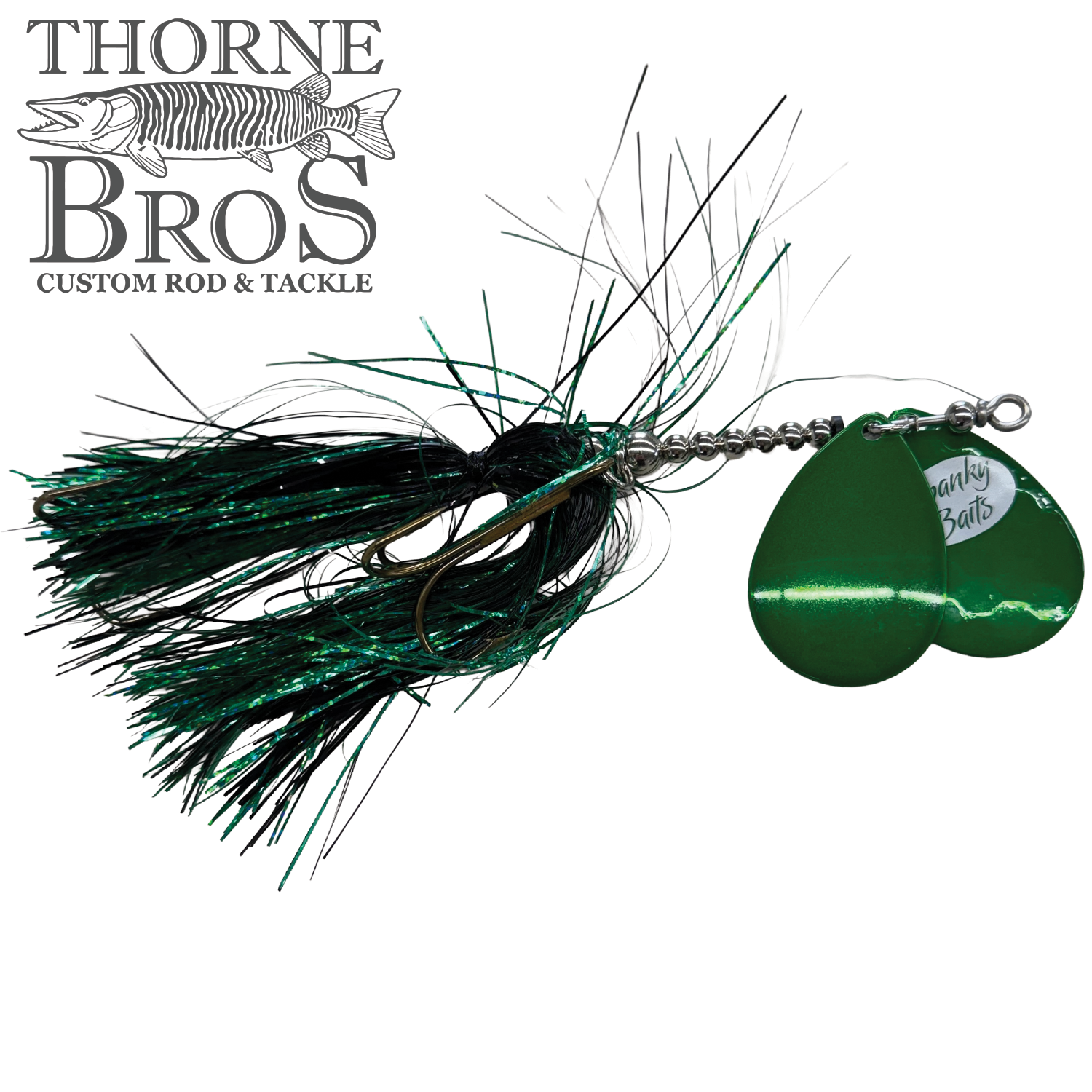 Spanky Baits Fireball 8" fishing lure featuring a dual green spinner blade and black and green skirt designed for musky and ice fishing applications.
