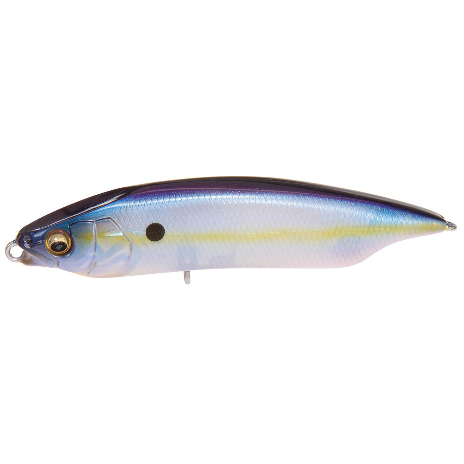 Megabass Karashi 80 fishing lure with realistic blue and silver fish scale design, detailed eyes, and a streamlined body for effective musky and freshwater fishing.