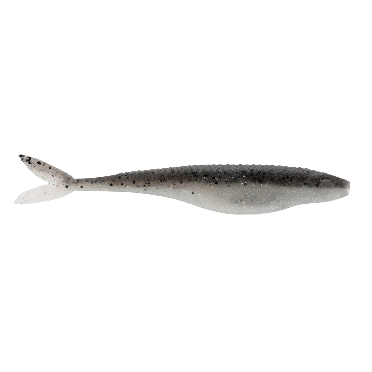 Z-Man Stuntman soft fishing lure in a slender, minnow-like shape with a forked tail, featuring a translucent gray body with black speckles for realistic movement.